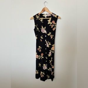 Vintage Floral Black Midi Button Down Dress with Tie | Size XS-S